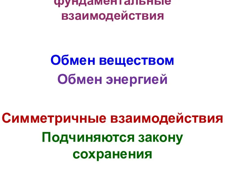 фундаментальные взаимодействия Обмен веществом Обмен энергией Симметричные взаимодействия Подчиняются закону сохранения