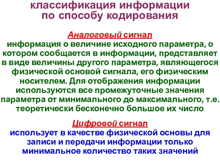 Аналоговый сигнал информация о величине исходного параметра, о котором сообщается в