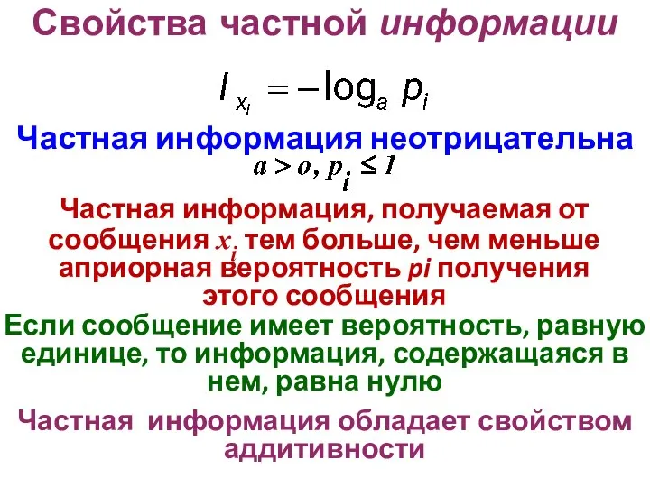 Свойства частной информации Частная информация неотрицательна Частная информация, получаемая от сообщения