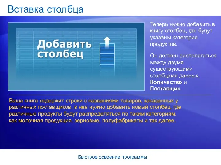 Быстрое освоение программы Вставка столбца Теперь нужно добавить в книгу столбец,