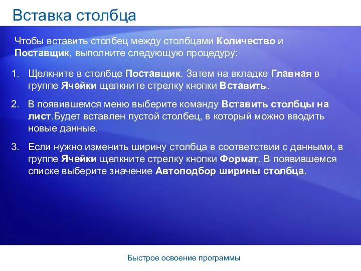 Быстрое освоение программы Щелкните в столбце Поставщик. Затем на вкладке Главная