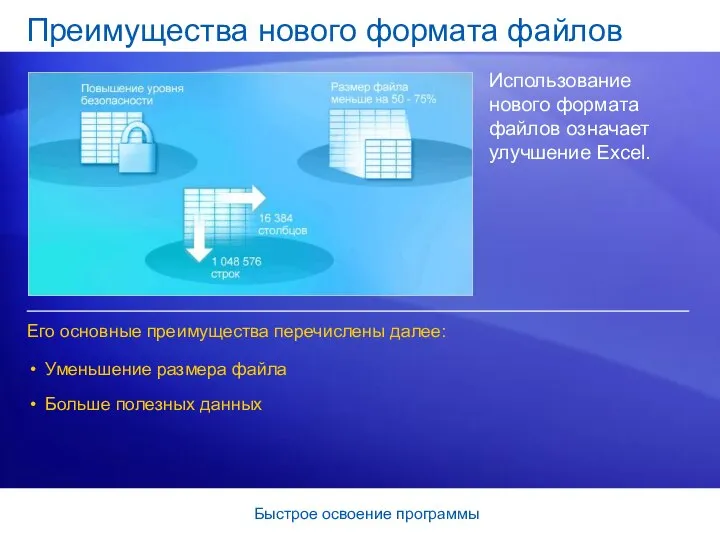 Быстрое освоение программы Преимущества нового формата файлов Использование нового формата файлов