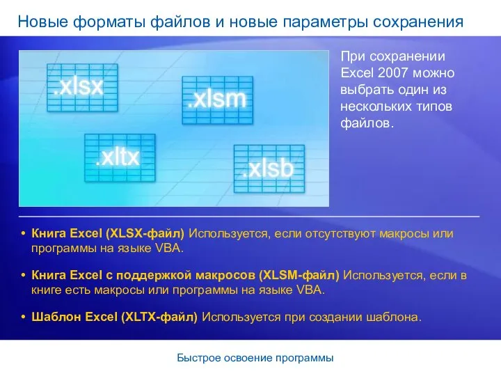 Быстрое освоение программы Новые форматы файлов и новые параметры сохранения При