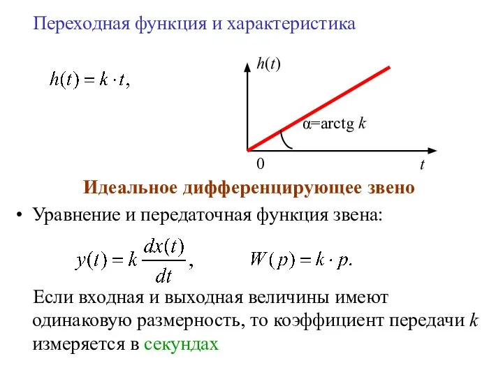 Переходная функция и характеристика Идеальное дифференцирующее звено Уравнение и передаточная функция