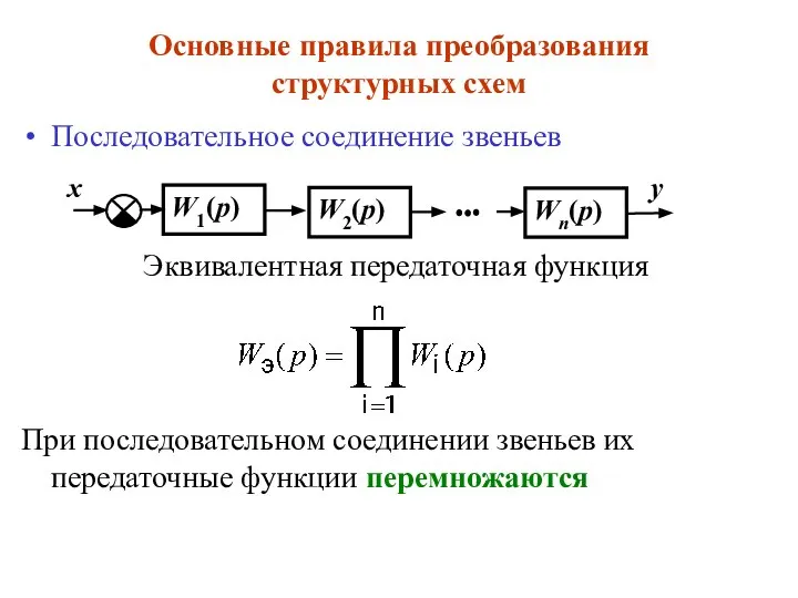 Основные правила преобразования структурных схем Последовательное соединение звеньев Эквивалентная передаточная функция