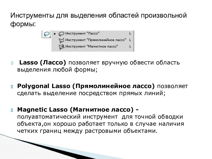 Lasso (Лассо) позволяет вручную обвести область выделения любой формы; Polygonal Lasso