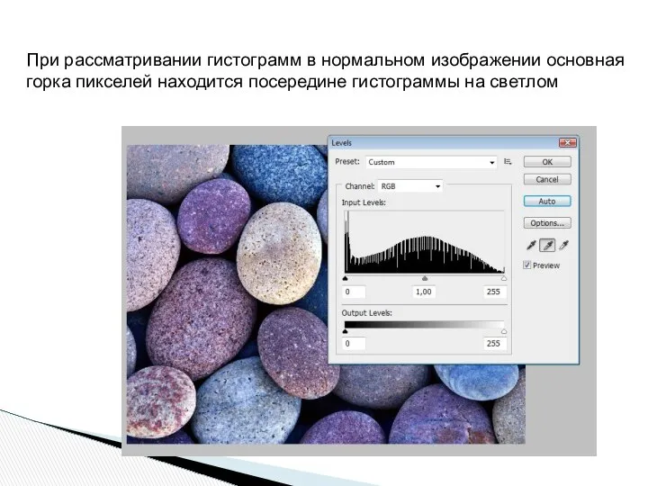 При рассматривании гистограмм в нормальном изображении основная горка пикселей находится посередине гистограммы на светлом