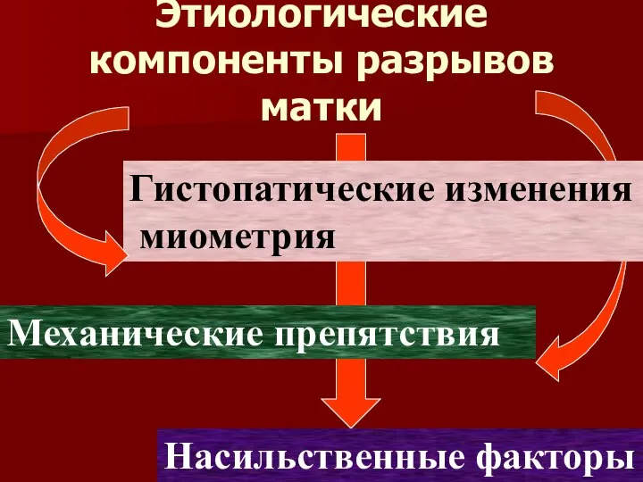 Этиологические компоненты разрывов матки Гистопатические изменения миометрия Механические препятствия Насильственные факторы