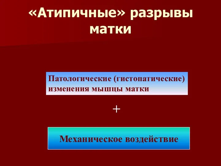 «Атипичные» разрывы матки Патологические (гистопатические) изменения мышцы матки + Механическое воздействие