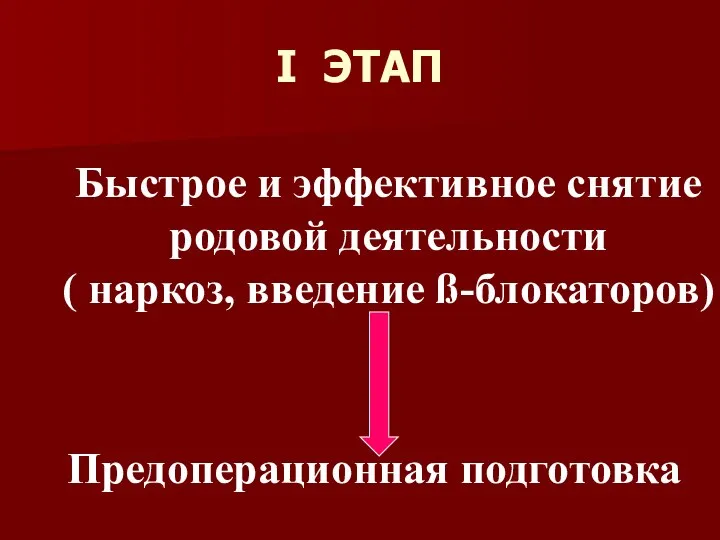 I ЭТАП Быстрое и эффективное снятие родовой деятельности ( наркоз, введение ß-блокаторов) Предоперационная подготовка