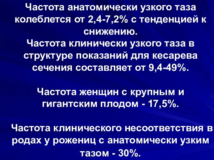 Частота анатомически узкого таза колеблется от 2,4-7,2% с тенденцией к снижению.