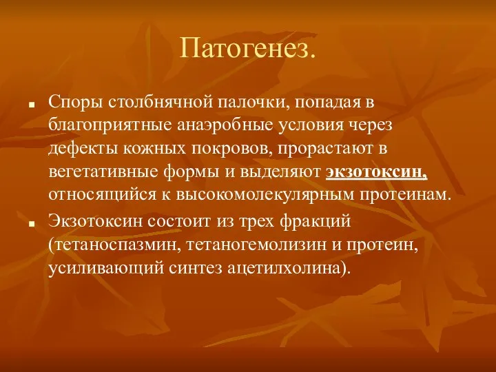 Патогенез. Споры столбнячной палочки, попадая в благоприятные анаэробные условия через дефекты