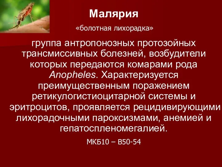 Малярия «болотная лихорадка» группа антропонозных протозойных трансмиссивных болезней, возбудители которых передаются