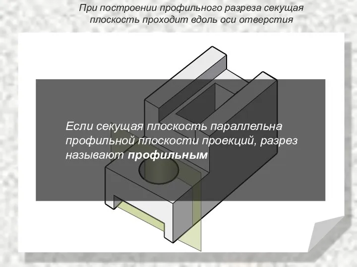 При построении профильного разреза секущая плоскость проходит вдоль оси отверстия Если