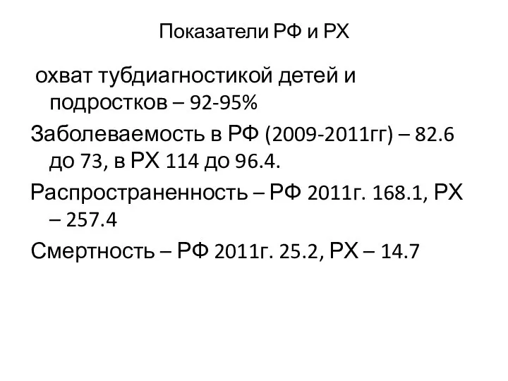 Показатели РФ и РХ охват тубдиагностикой детей и подростков – 92-95%