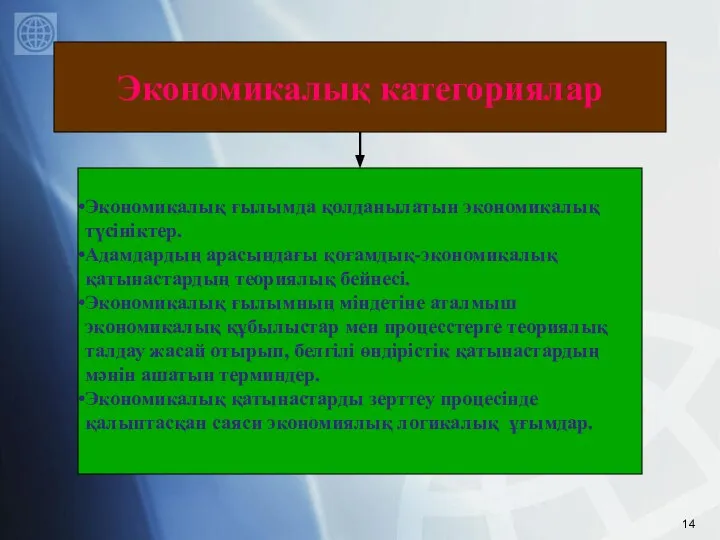 Экономикалық ғылымда қолданылатын экономикалық түсініктер. Адамдардың арасындағы қоғамдық-экономикалық қатынастардың теориялық бейнесі.