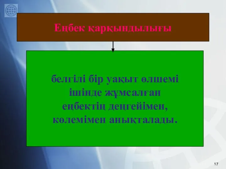 белгілі бір уақыт өлшемі ішінде жұмсалған еңбектің деңгейімен, көлемімен анықталады. Еңбек қарқындылығы