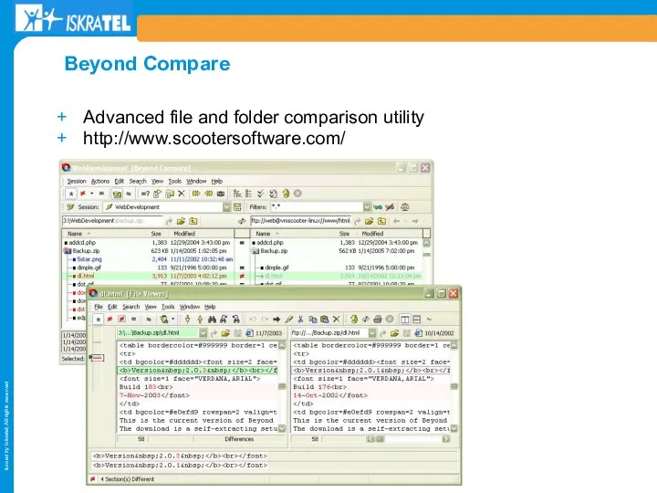 Advanced file and folder comparison utility http://www.scootersoftware.com/ Beyond Compare