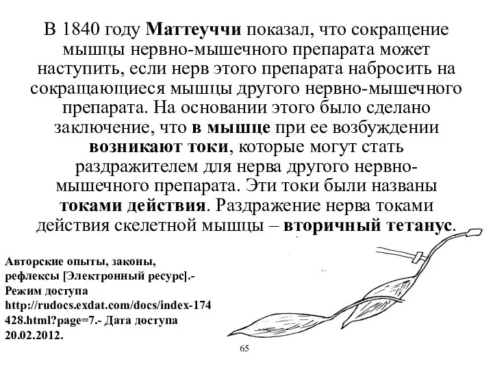 В 1840 году Маттеуччи показал, что сокращение мышцы нервно-мышечного препарата может