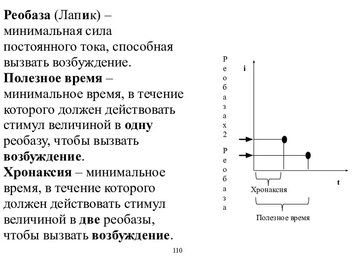 Реобаза (Лапик) – минимальная сила постоянного тока, способная вызвать возбуждение. Полезное