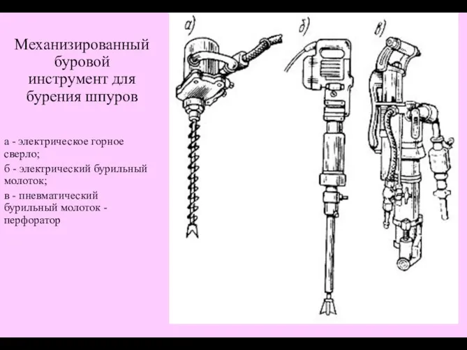 Механизированный буровой инструмент для бурения шпуров а - электрическое горное сверло;