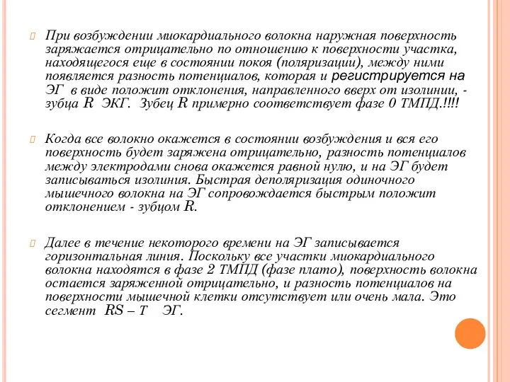 При возбуждении миокардиального волокна наружная поверхность заряжается отрицательно по отношению к