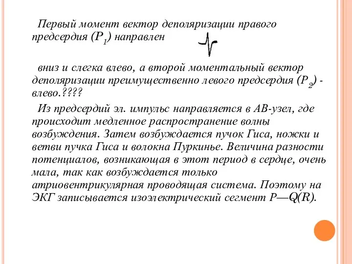 Первый момент вектор деполяризации правого предсердия (P1) направлен вниз и слегка