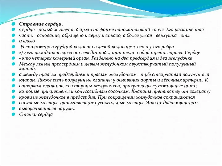 Строение сердца. Сердце - полый мышечный орган по форме напоминающий конус.