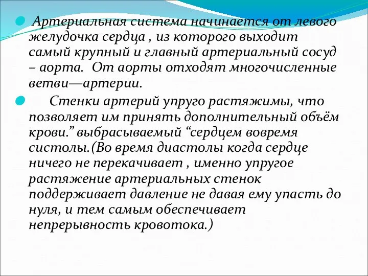 Артериальная система начинается от левого желудочка сердца , из которого выходит