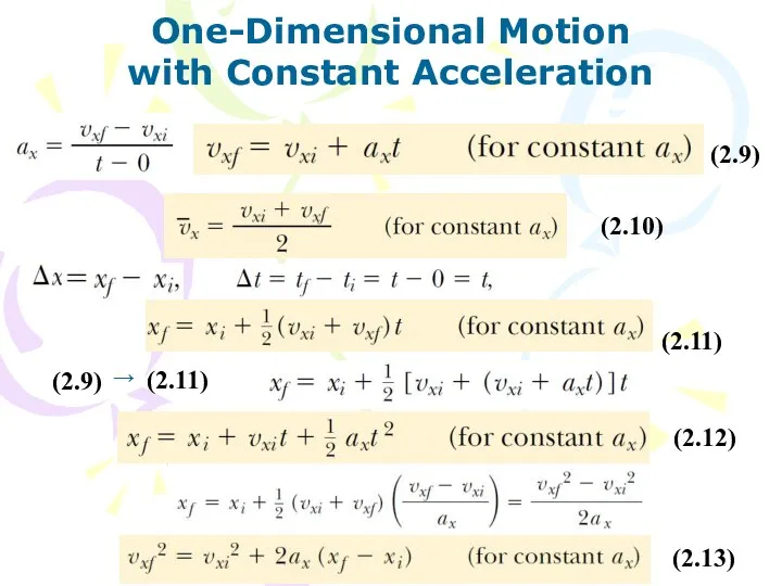 One-Dimensional Motion with Constant Acceleration (2.9) (2.10) (2.11) (2.12) (2.13)
