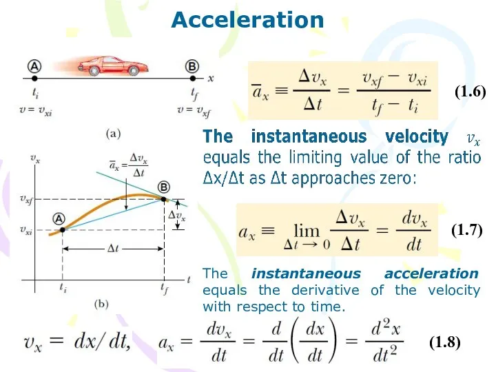 Acceleration (1.6) (1.7) The instantaneous acceleration equals the derivative of the