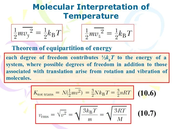 Molecular Interpretation of Temperature Theorem of equipartition of energy each degree