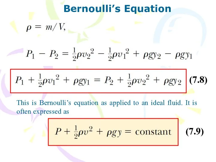 Bernoulli’s Equation This is Bernoulli’s equation as applied to an ideal
