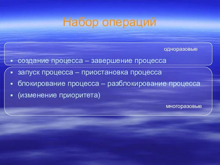 Набор операций создание процесса – завершение процесса запуск процесса – приостановка