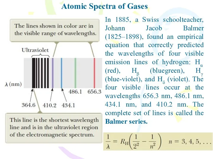 Atomic Spectra of Gases In 1885, a Swiss schoolteacher, Johann Jacob
