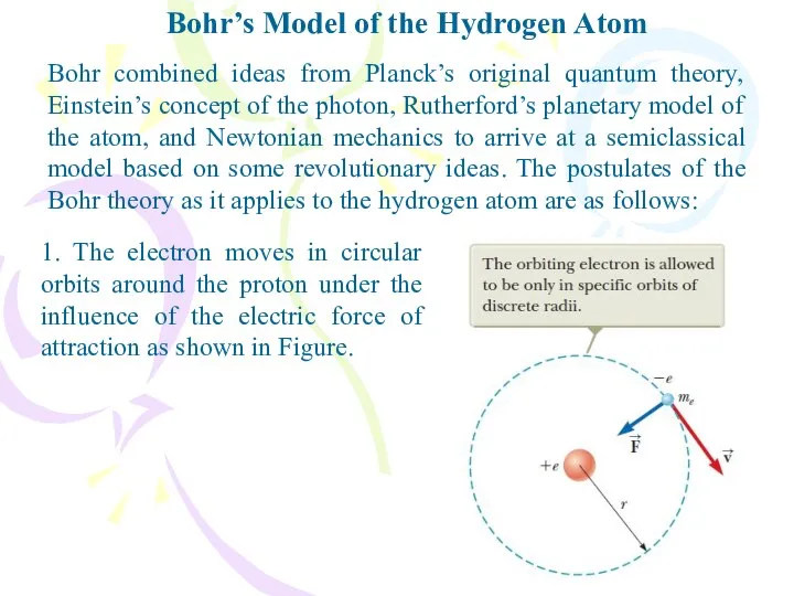 Bohr’s Model of the Hydrogen Atom Bohr combined ideas from Planck’s
