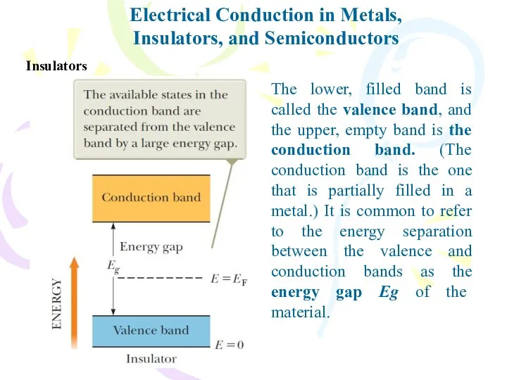Electrical Conduction in Metals, Insulators, and Semiconductors Insulators The lower, filled
