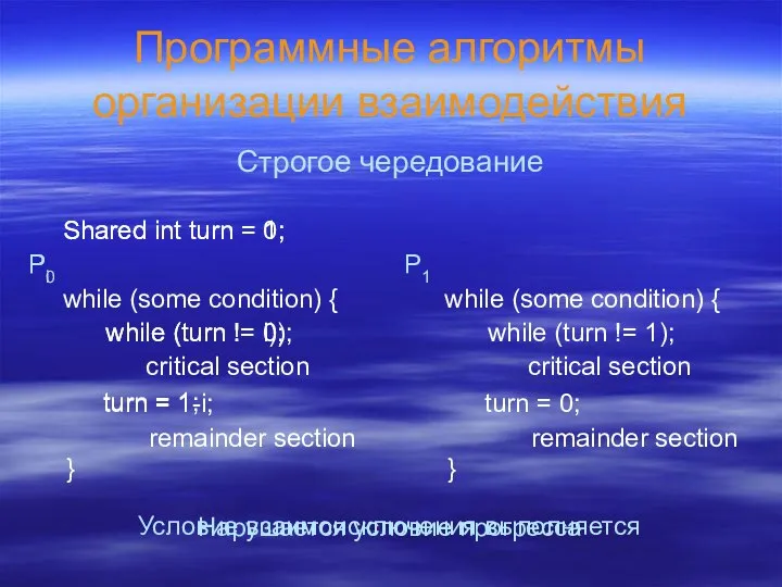 Программные алгоритмы организации взаимодействия Строгое чередование while (some condition) { while