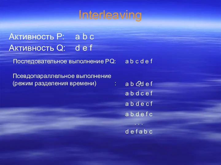 Interleaving Активность P: a b c Активность Q: d e f