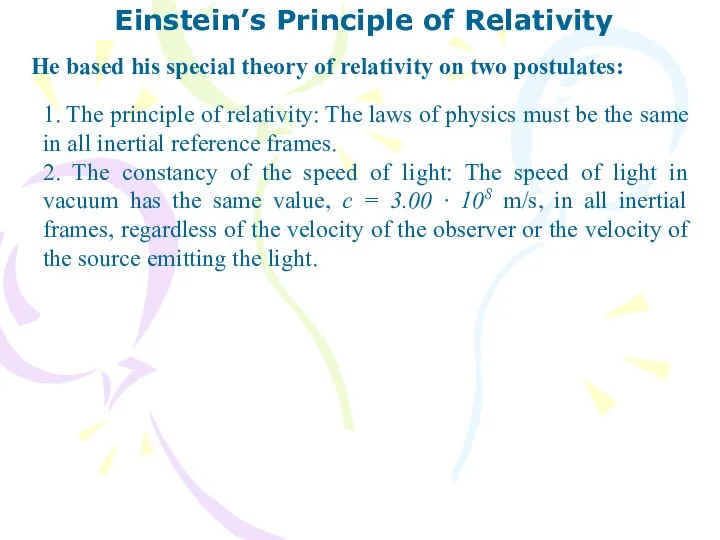 Einstein’s Principle of Relativity He based his special theory of relativity