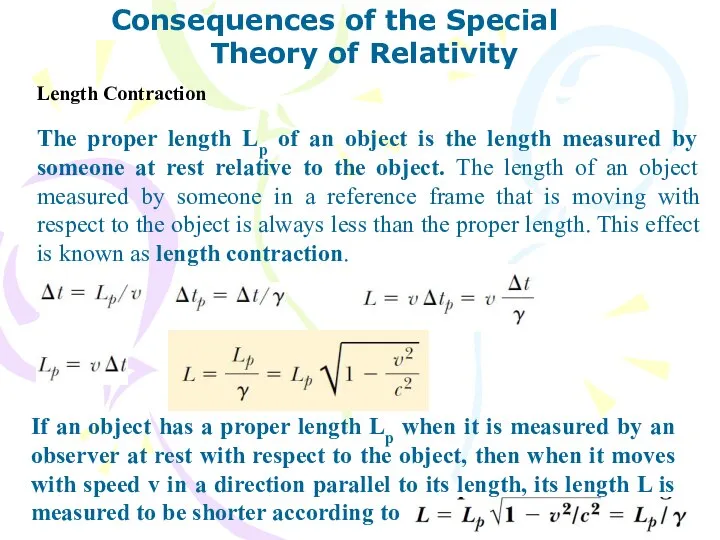 Consequences of the Special Theory of Relativity Length Contraction The proper