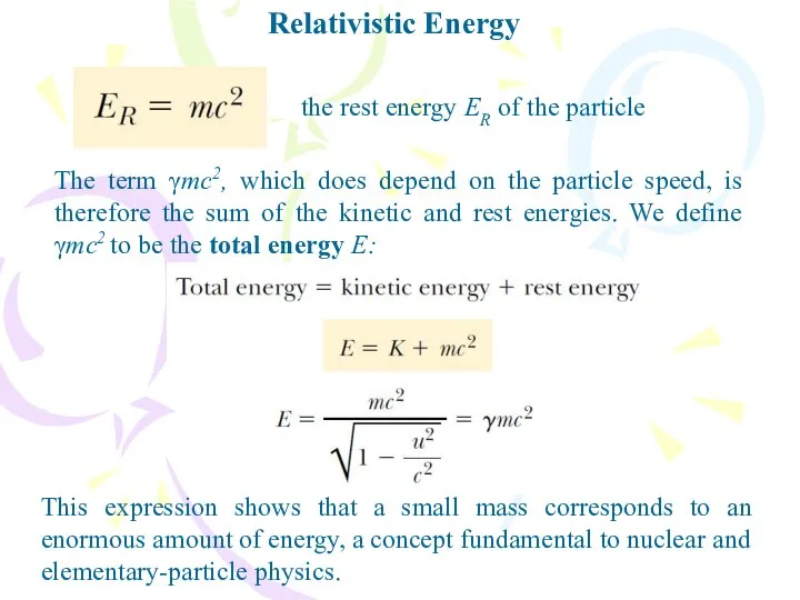 Relativistic Energy the rest energy ER of the particle The term