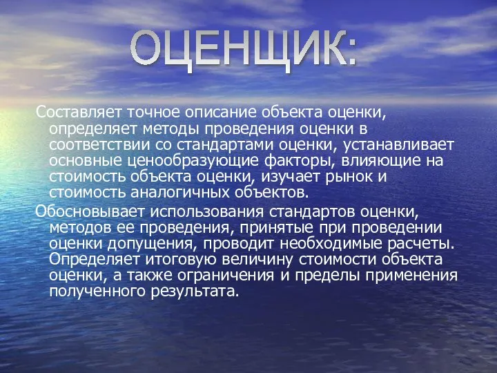 Составляет точное описание объекта оценки, определяет методы проведения оценки в соответствии