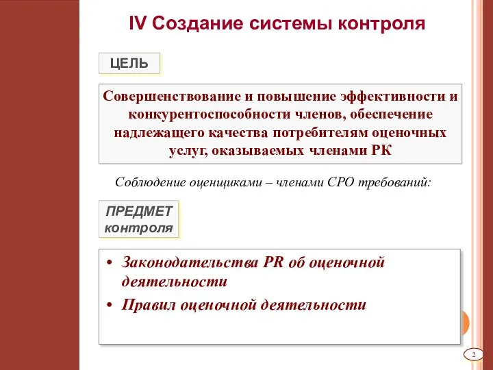 IV Создание системы контроля Совершенствование и повышение эффективности и конкурентоспособности членов,