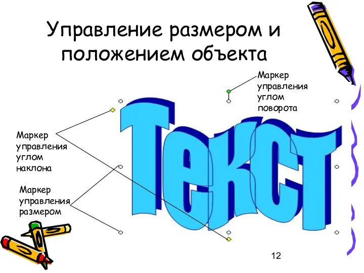 Управление размером и положением объекта Маркер управления углом поворота Маркер управления углом наклона Маркер управления размером