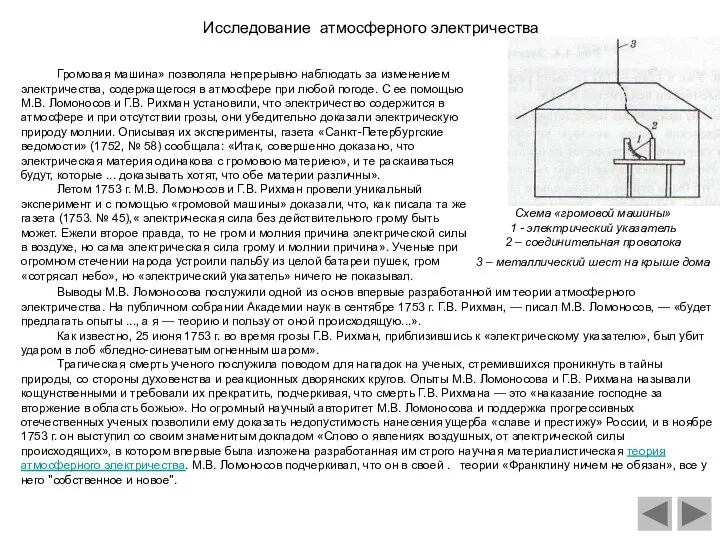 Исследование атмосферного электричества Громовая машина» позволяла непрерывно наблюдать за изменением электричества,