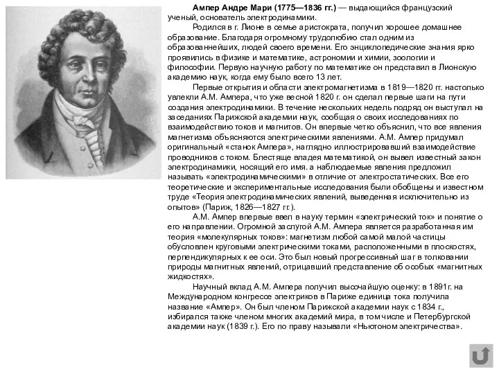 Ампер Андре Мари (1775—1836 гг.) — выдающийся французский ученый, основатель электродинамики.