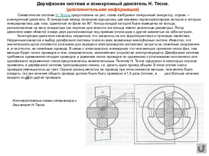 Схематически система Н. Теслы представлена на рис. слева изображен синхронный генератор,