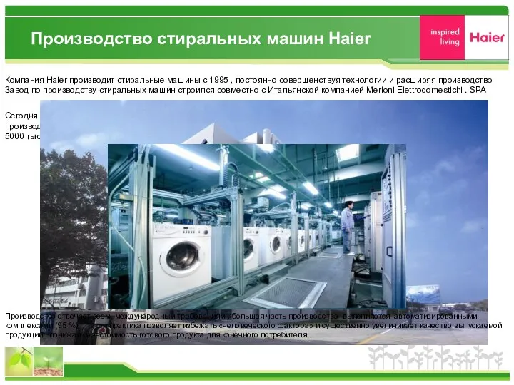 Производство стиральных машин Haier Компания Haier производит стиральные машины с 1995