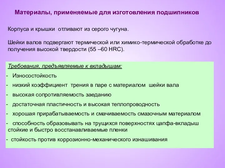 Материалы, применяемые для изготовления подшипников Корпуса и крышки отливают из серого